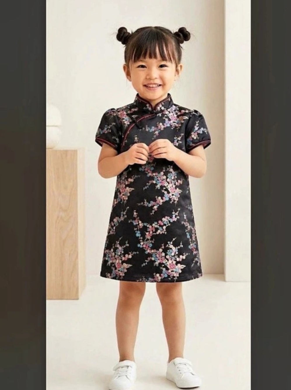 H&M Girls Floral Cheongsam Qipao Cherry Blossom Dress Black Pink Floral 4-5T